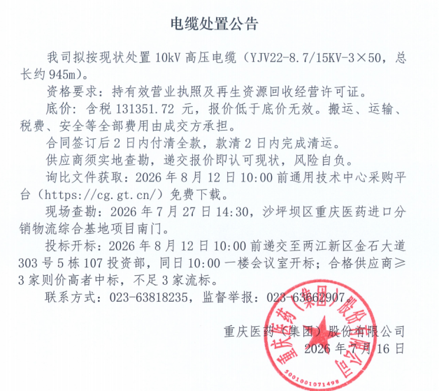 重庆医药（集团）股份有限公司电缆处置公告